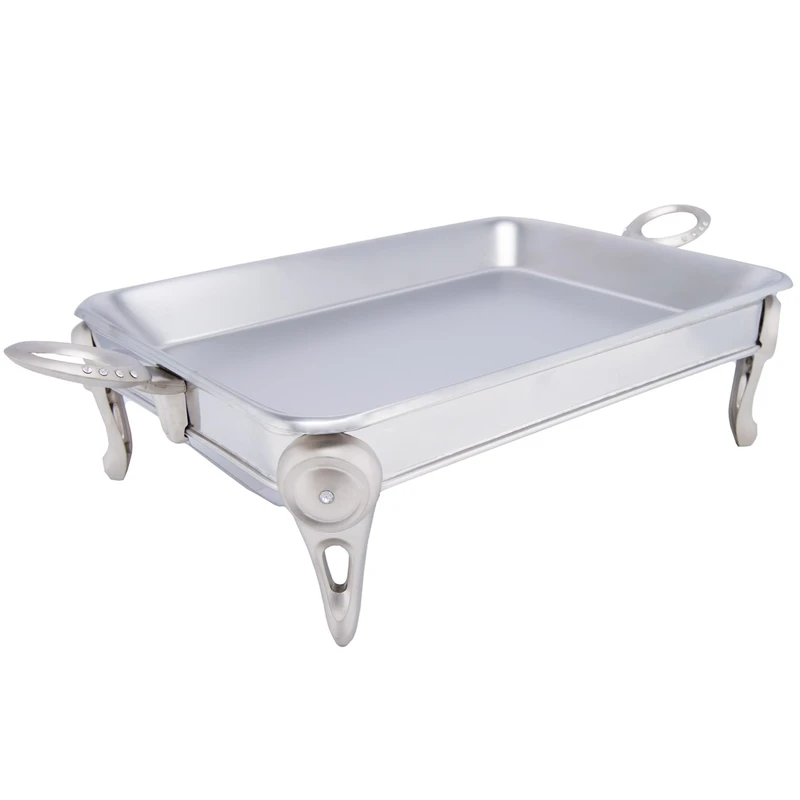 ظرف سوفله برنج‌خوری مدل BK108S گنجایش 8 نفر استیل براق ضدزنگ با سینی استیل جدا شونده و پایه نگهدارنده 2 عدد شمع وارمر مناسب سرو برنج، کباب و ماکارانی قابلیت شستشو در ماشین ظرفشویی